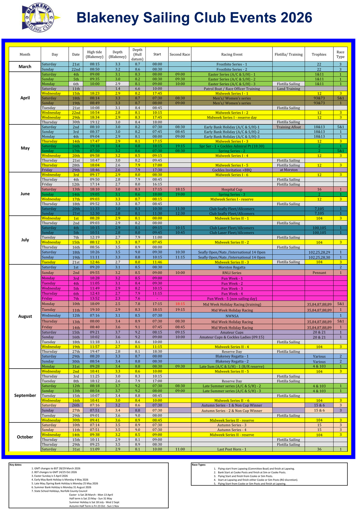 BSC 2026 Sailing Schedule